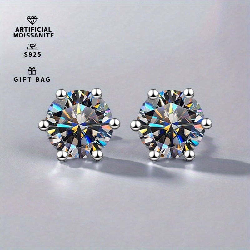 Women's S925 Sterling Silver Six Claws Gray Moissanite Round Earrings